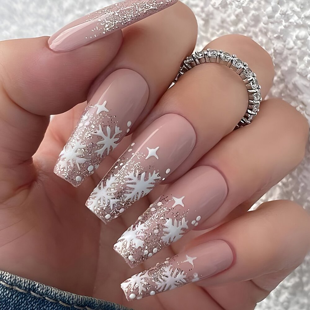 24pcs Christmas Press-On Nails Set - Long Ballerina, Glittery Pink & White